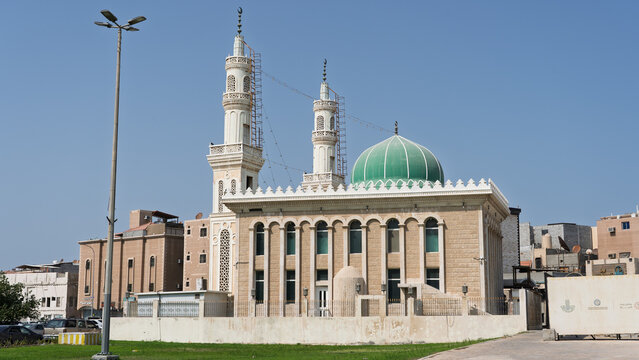 Traditional Tarout Mosque Architecture with Minaret and White Dome in Qatif Eastern Province Saudi Arabia