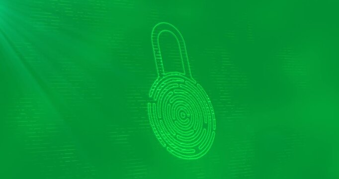 Animation of glowing green digital icon of online security padlock on glowing green background