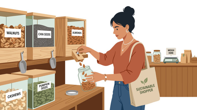 Woman shopping for nuts in jars at a sustainable grocery store  