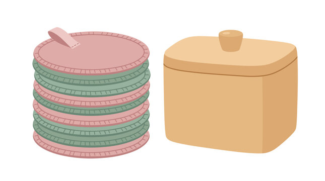 Reusable cotton pads stacked next to a storage box for sustainable living  