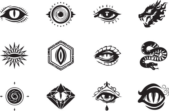 Stylized dragon eye vector icons featuring various dark fantasy, tribal, and runic designs suitable for tattoos, gaming. design Vector black silhouette