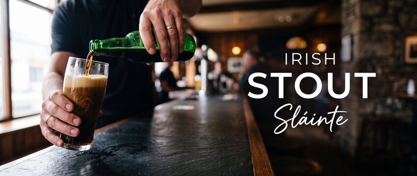 Irish stout beer pouring pint glass from green bottle at rustic pub bar with Sl&aacute;inte typography, dark craft porter ale on wet stone counter, warm cozy tavern atmosphere panoramic banner concept