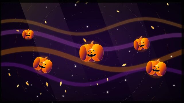 Cute cartoon Halloween pumpkins animation floating and bobbing along wavy ribbon paths with smiling carved jack-o-lanterns, twinkling starry particles, and falling leaves on dark space background