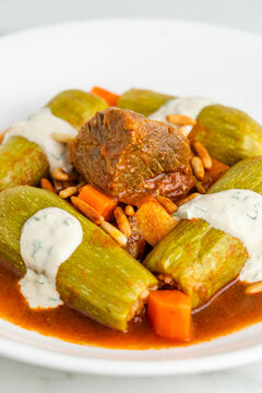 Traditional Middle Eastern Stuffed Zucchini Kousa Mahshi with Tender Beef Meat