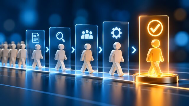 Figures Walking Through Digital Screening Portals To Become Approved Golden Candidate Representing HR Onboarding Pipeline
