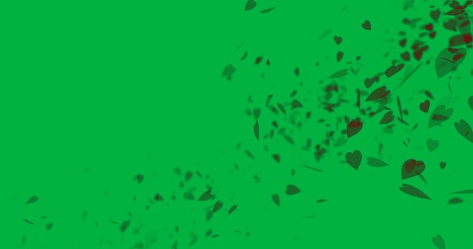 Animation of multiple red and pink hearts flying diagonally on white background