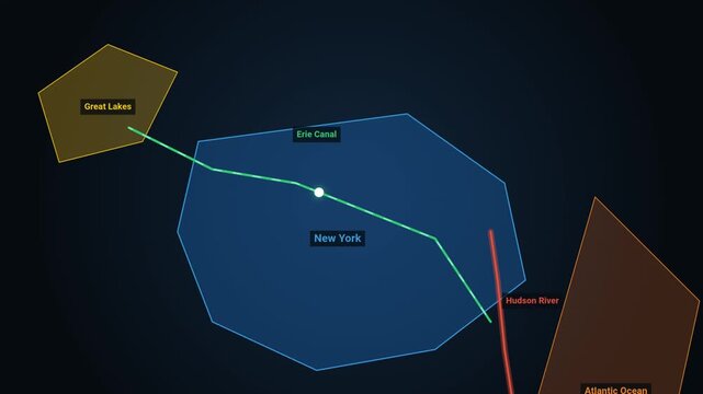 Map visualization of the erie canal route connecting great lakes to hudson river