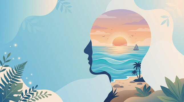 Concept illustration of mental health with human head silhouette containing ocean sunrise sailboat and waves for inner peace