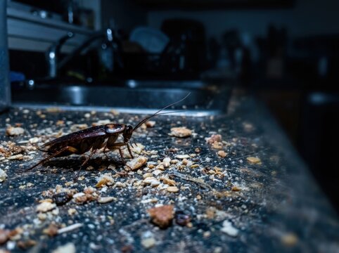 Cockroach on dirty kitchen countertop with crumbs and copy space for pest control
