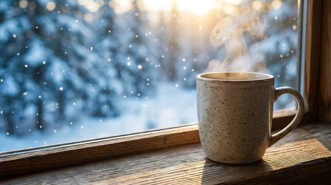 A warm beverage by the window embracing the serenity of a snowy winter afternoon