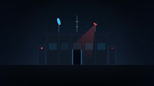 Minimalist graphic illustration of a dark facility at night with security light