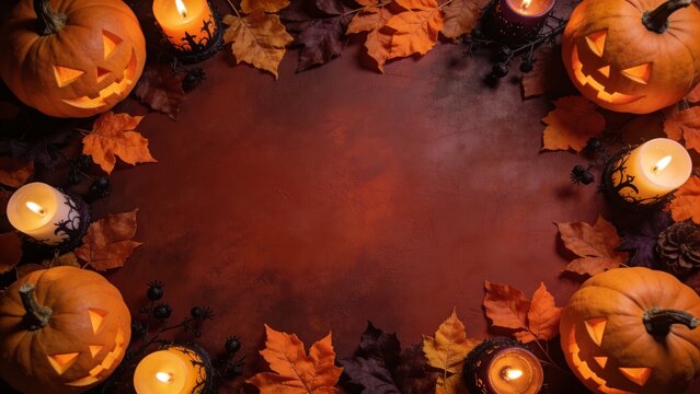 Halloween Background With Glowing Jack O Lanterns And Autumn Leaves