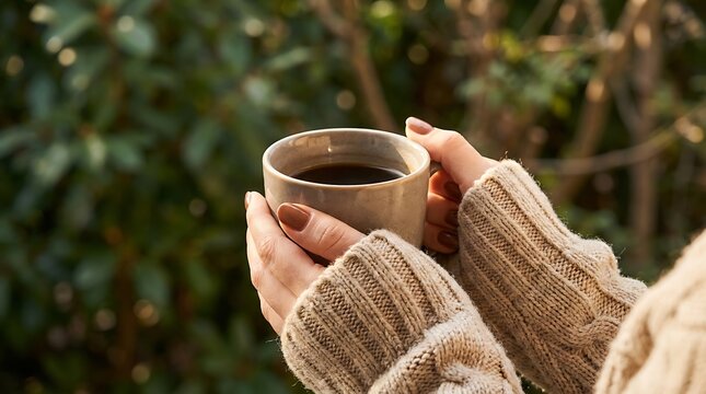 Embracing the serenity of autumn a warm drink and cozy knitted sleeves in nature's embrace