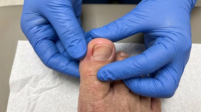 Top-down close-up view of a healthcare provider's gloved hands holding and inspecting a red, swollen paronychia tissue next to an ingrown toenail on a patient's big toe.