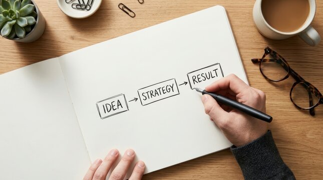 Hand drawing a flowchart showing the steps from idea to strategy and finally to result