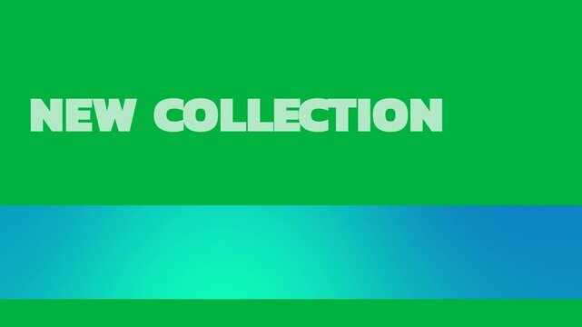 Animation of new collection text in white letters with blue panel on white background