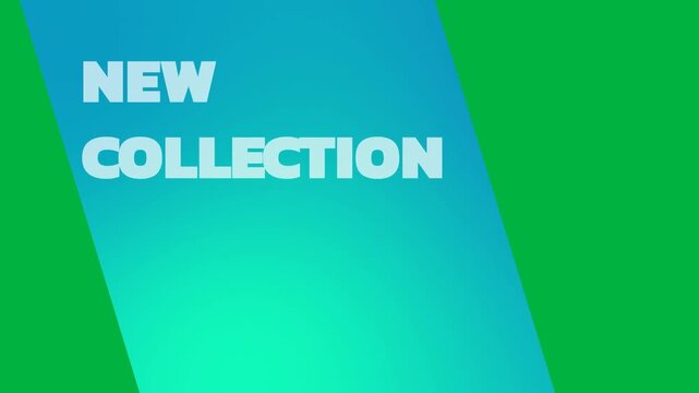 Animation of new collection text in white letters on blue stripe and white background