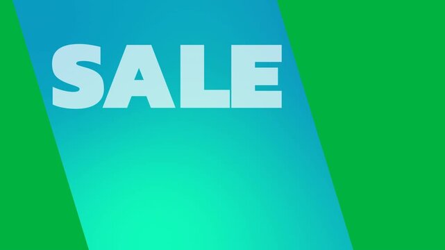 Animation of sale text in white letters on blue stripe and white background