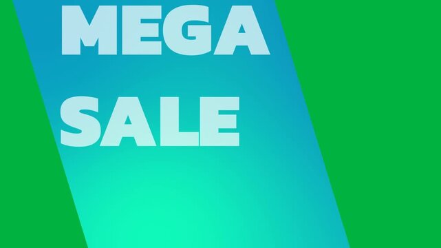 Animation of mega sale text in white letters on blue stripe and white background