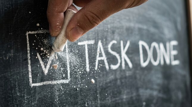 Hand marking a checked box and writing Task Done in chalk on a blackboard success