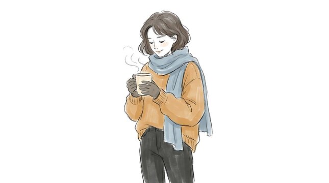 A watercolor portrait of a young person embracing the warmth of autumn and winter fashion