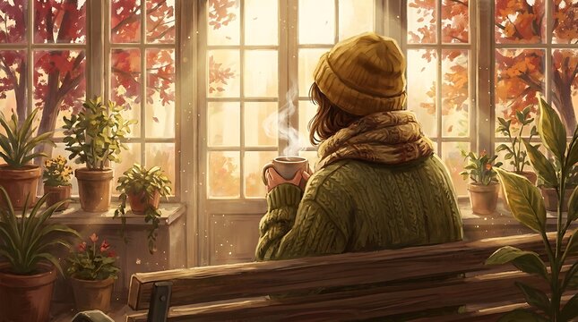 A peaceful autumn afternoon spent indoors gazing out at the vibrant fall foliage and warm light