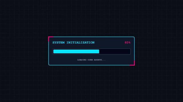 Animated futuristic system initialization loading screen with percentage progress bar and neon frame. 4k video