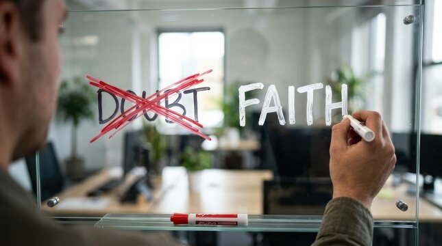 Man writes FAITH in white marker on glass crossing out the word DOUBT in red success