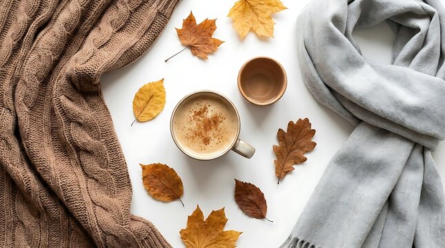 Embracing the autumnal embrace a cozy scene with warm drinks and falling leaves