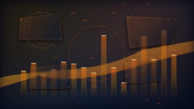 Financial stock market business HUD dashboard animation of rising golden amber bar chart columns glowing trend line and four blank glass info panels on dark background for trading report