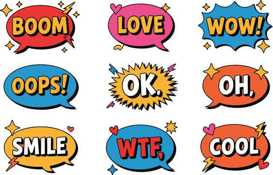 Collection of colorful comic book style speech bubbles with text expressions like boom, love, wow, oops, ok, oh, smile, wtf, and cool on white