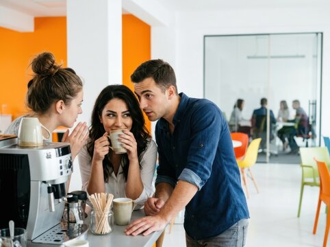 Warm office coffee break with coworkers sharing a calm team conversation