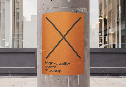 Rectangular Wall Mounted Poster Mockup Template on Concrete Pole in Street, Poster for Logo Branding and Business Identity Presentation, Realistic Street Scene