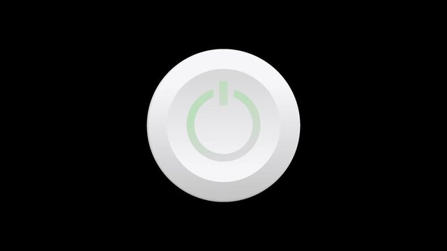 3D animation of a power button turning on with a green glow and expanding transition