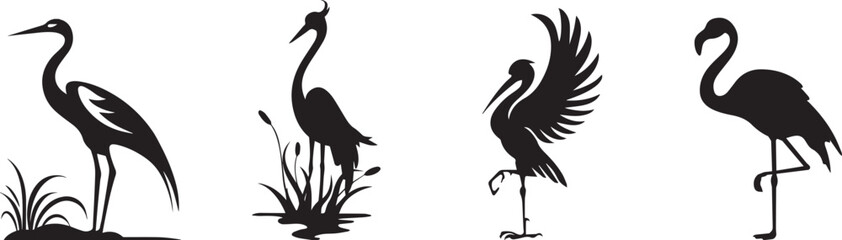 Fototapeta premium Set of black bird silhouettes featuring cranes and a flamingo for