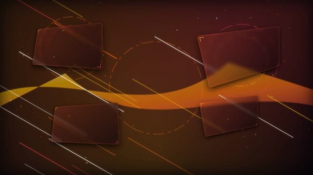 Futuristic speed lines technology animation of glowing diagonal light streaks flowing amber wave ribbon and four dark glassmorphism display cards on warm bronze dark background for innovation