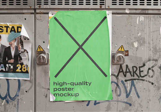 Rectangular Wall Mounted Poster Mockup Template on Building Facade, Poster Signage for Logo Branding and Business Identity Presentation, Realistic Street Scene