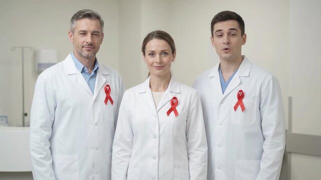 Diverse medical staff supporting hiv aids awareness in hospital corridor