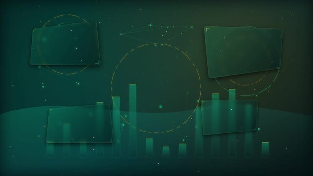 Emerald green financial data HUD dashboard animation of rising bar chart columns rotating central circular tech ring and four dark glass presentation panels on dark background for analytics