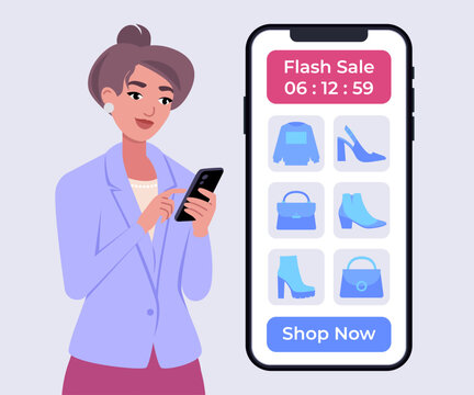 Woman Using Mobile Flash Sale Shopping App