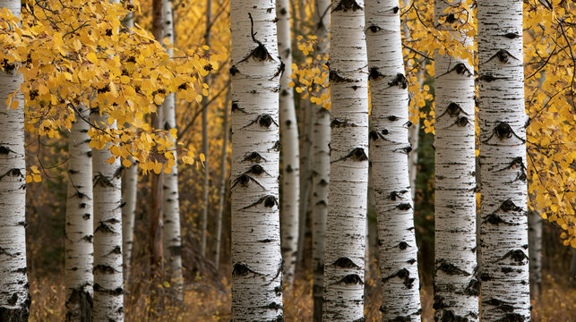 a grove of birch trees in autumn. The trees are tall and slender, with white bark that has a textured appearance. The leaves on the trees are a mix of yellow and orange hues.