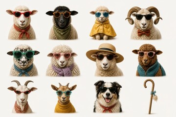 Naklejka premium Stylish farm animals wearing sunglasses and scarves collage