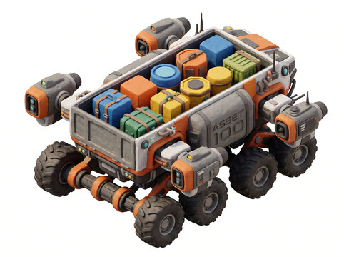 3D isometric claymation cute floating interplanetary cargo drone rover with open cargo bay displaying ASSET 100 text, futuristic delivery logistics concept on white background
