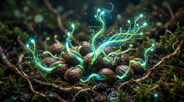 Glowing digital sprouts emerging from dark nuts on moist soil