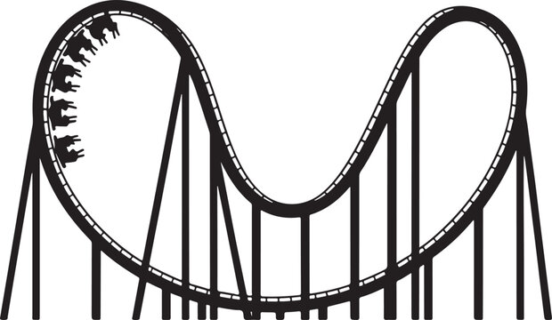 Black silhouette rollercoaster track with carts going up and down loops thrill amusement park ride.