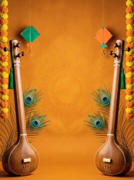 Traditional Indian festival background with sitar musical instruments and festive decorations