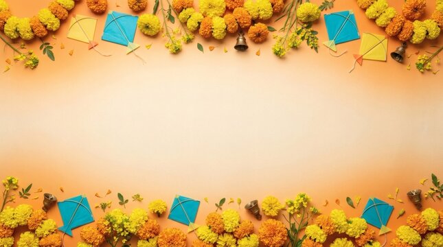 Festive Indian holiday background with marigold flowers and kites
