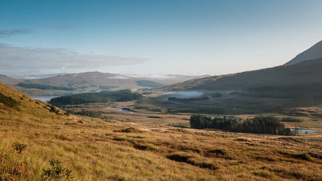 View over the moors of Scotland towards the River Orchy with Loch Tulla in the distance