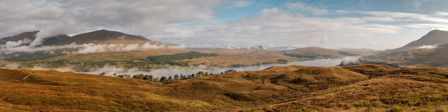 Panoramic view of Loch Tulla over the heather moors from the West Highland Way trail near Inveroran in Scotland
