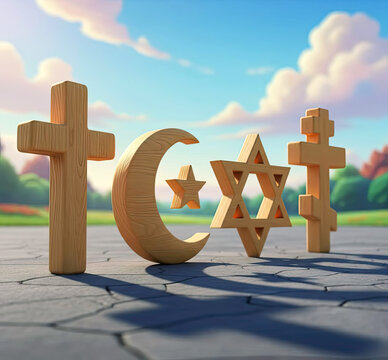 Four Wooden Religious Symbols of Christianity, Islam, Judaism and Eastern Orthodoxy on Paved Surface Under Cloudy Sky, Representing Religious Diversity and Coexistence with Copy Space